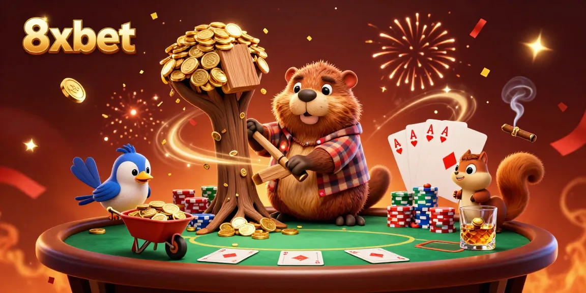 Experience the thrill of winning with 8xbet as a cartoon beaver celebrates with gold coins and poker elements.
