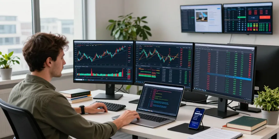 Trader analyzing mt5 data on multiple monitors in a modern workspace.