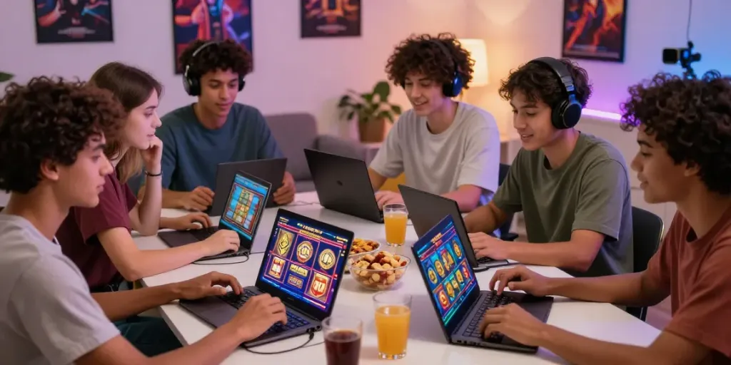 Grup teman bahagia bermain slot online dengan suasana santai di ruang tamu