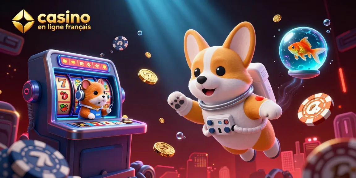 Illustration 3D captivante sur le thème casino en ligne français, mettant en scène un corgi astronaute et des éléments de machines à sous.