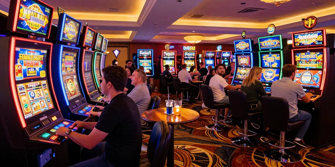 Pengalaman bermain slot777 di kasino dengan mesin slot berwarna-warni dan pemain bersemangat.