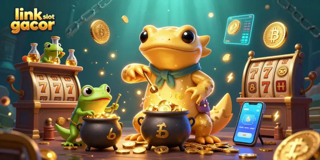 Experience the thrill of the game with link slot gacor, featuring vivid 3D alchemist characters and jackpot symbols.