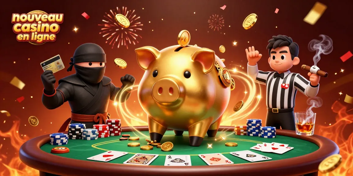 Illustration d'un nouveau casino en ligne avec un sumo en tirelire et un ninja des cartes.