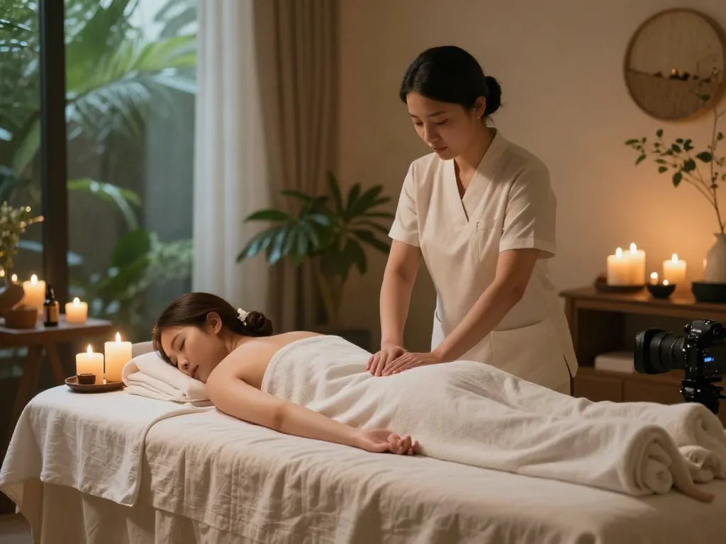 Relaxing home massage setup showcasing 출장마사지 with calming elements like candles and essential oils.