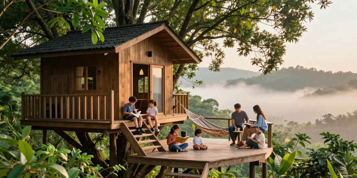 Tree house life scene depicting family relaxing and enjoying nature.