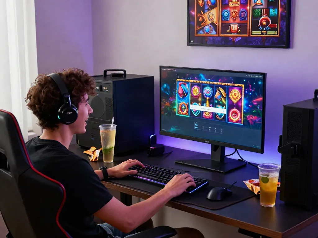 Login jptoto dengan tampilan menarik dan gamer bersemangat di ruang bermain.