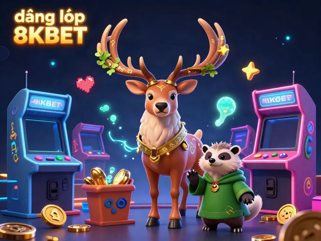 Experience the magic of logging in at 8KBET with a vibrant 3D scene featuring a druid stag and gaming elements.