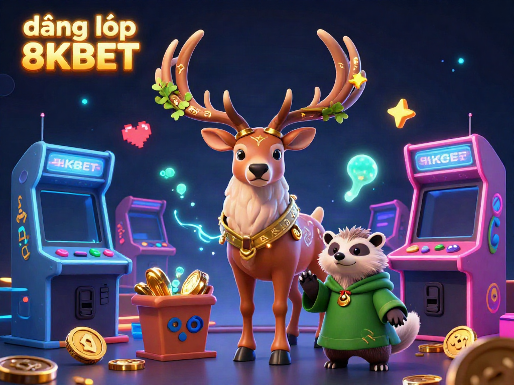 Experience the magic of logging in at 8KBET with a vibrant 3D scene featuring a druid stag and gaming elements.