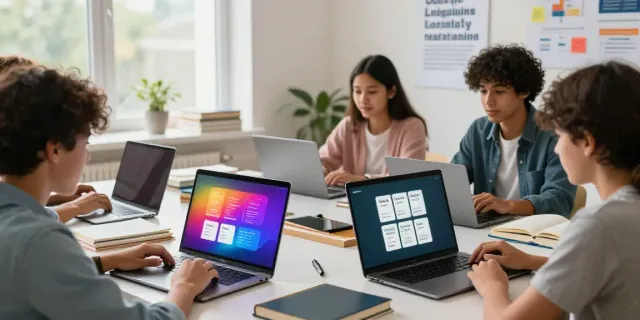 The scene of students actively engaged in an online English course, showcasing the concept of Situs toto in educational technology.