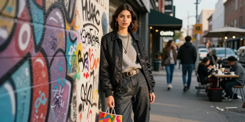 Fashionisk .com urban fashion scene with a model showcasing trendy outfit against graffiti wall.