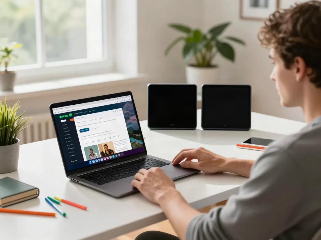 Brave browser user in a bright home office enjoying ad-free browsing experience.