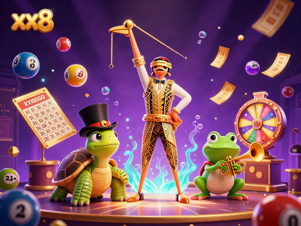 Engage with the vibrant xx8 casino scene featuring lively characters, lottery balls, and festive gameplay elements.