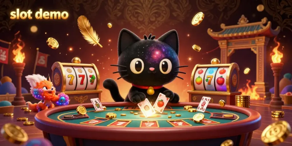 Mencoba slot demo dengan karakter kucing hitam galaksi yang menarik chip emas di meja kasino.