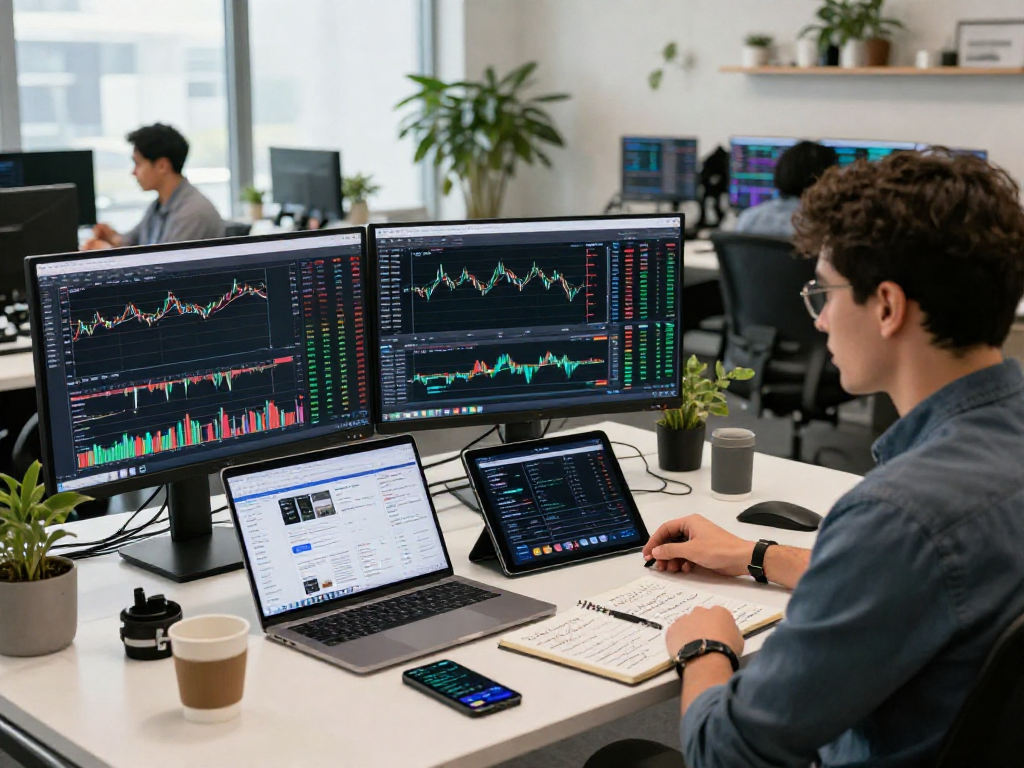 在交易分析软件中使用tradingview，交易员专注于多屏幕市场图表。