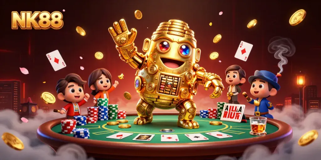 Join the action with NK88 at a vibrant casino scene filled with golden golems and poker excitement.