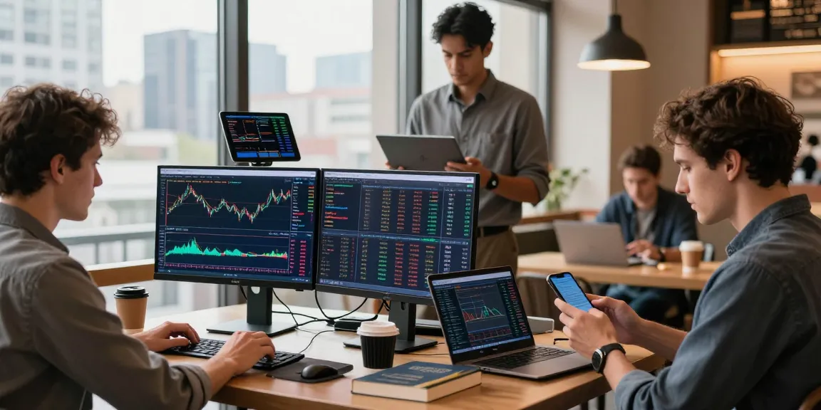 Diverse traders using MetaTrader 5 platform on desktop, tablet, and mobile in a professional environment.