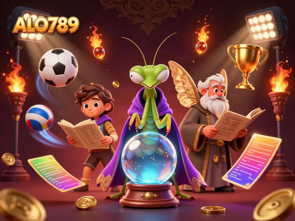 Bet on sports with ALO789: A vibrant illustration of a fortune teller and librarian amidst dynamic gambling elements.