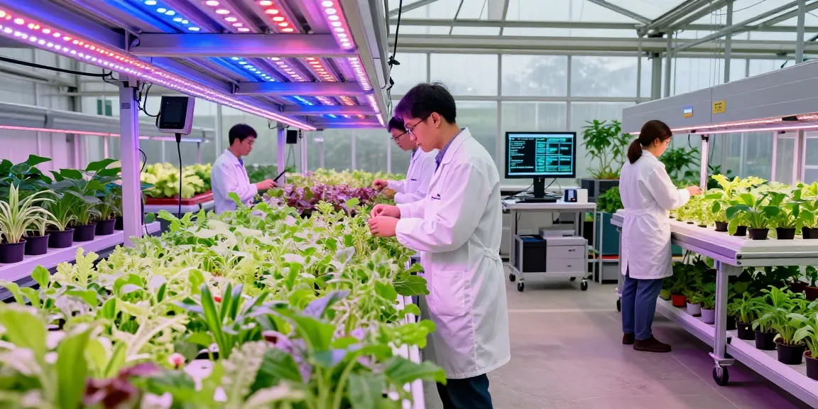 Modern indoor agriculture facility with CIKA4D professionals inspecting vertical farming systems for optimal plant growth.