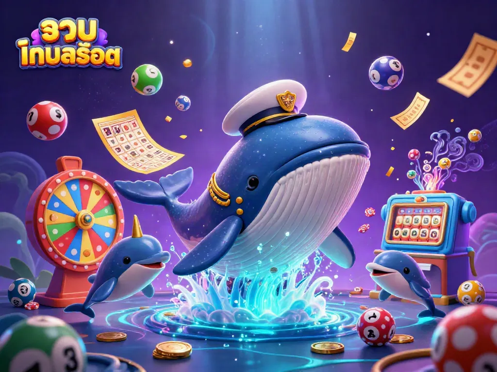 Experience thrilling รวมเกมสล็อต action with whale captain and playful dolphins amidst virtual winnings.