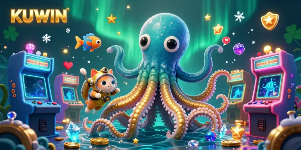 Engage with the thrilling KUWIN experience featuring a kraken, a diving cat, and lively gaming elements.