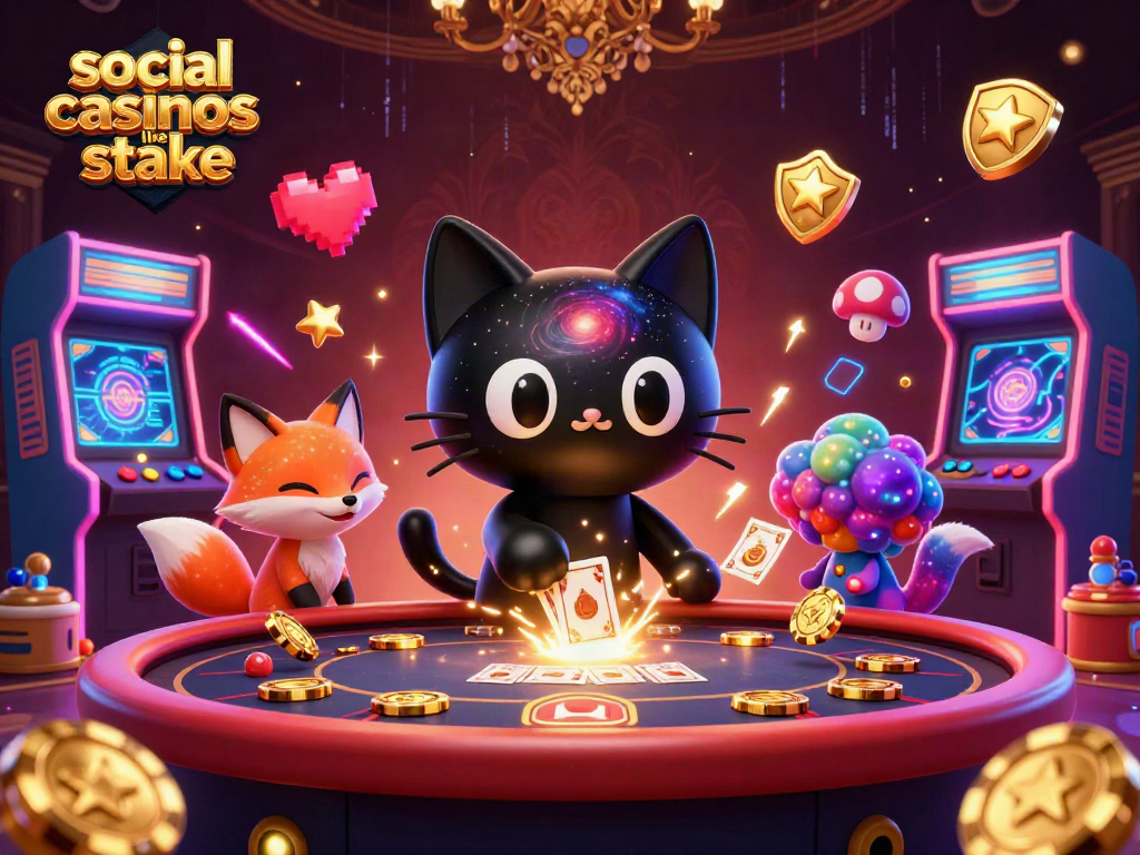 Experience social casinos like stake with a vibrant cosmic casino scene featuring unique characters and gaming elements.