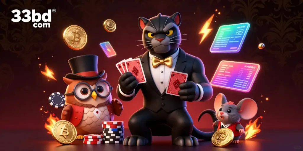 Join the excitement of 33bd com as a cartoon panther deals cards in a vibrant casino setting.