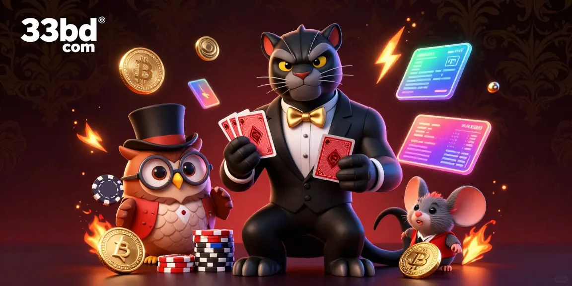 Join the excitement of 33bd com as a cartoon panther deals cards in a vibrant casino setting.