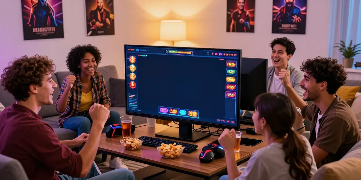 Friends excitedly enjoying a slot online game in a cozy living room atmosphere.