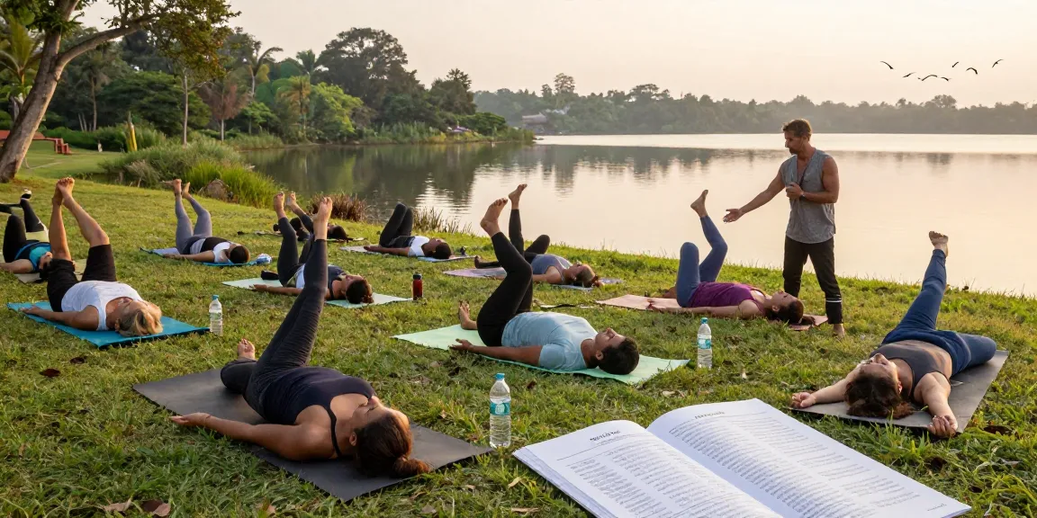 Yoga Alliance certified training Sri Lanka with diverse students practicing outdoor yoga by Koggala Lake.