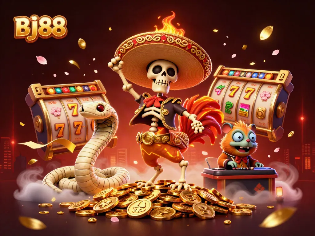 BJ88 showcases vibrant casino excitement with cartoon characters celebrating on golden coins and spinning slots.