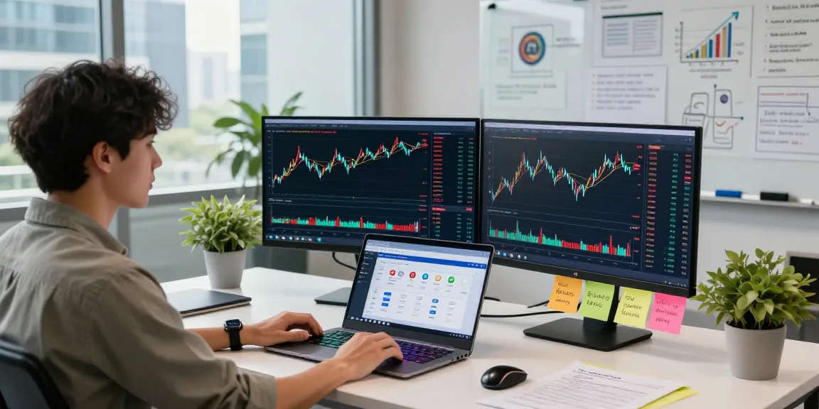 AiCoin实时数据分析工作环境，专业数据分析师在现代办公桌前监控加密货币市场。