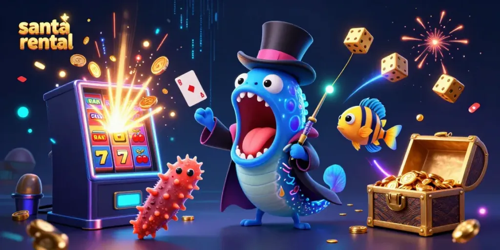 Engaging scene of a vibrant underwater magic act featuring a gulper eel and anglerfish, themed around santa rental.