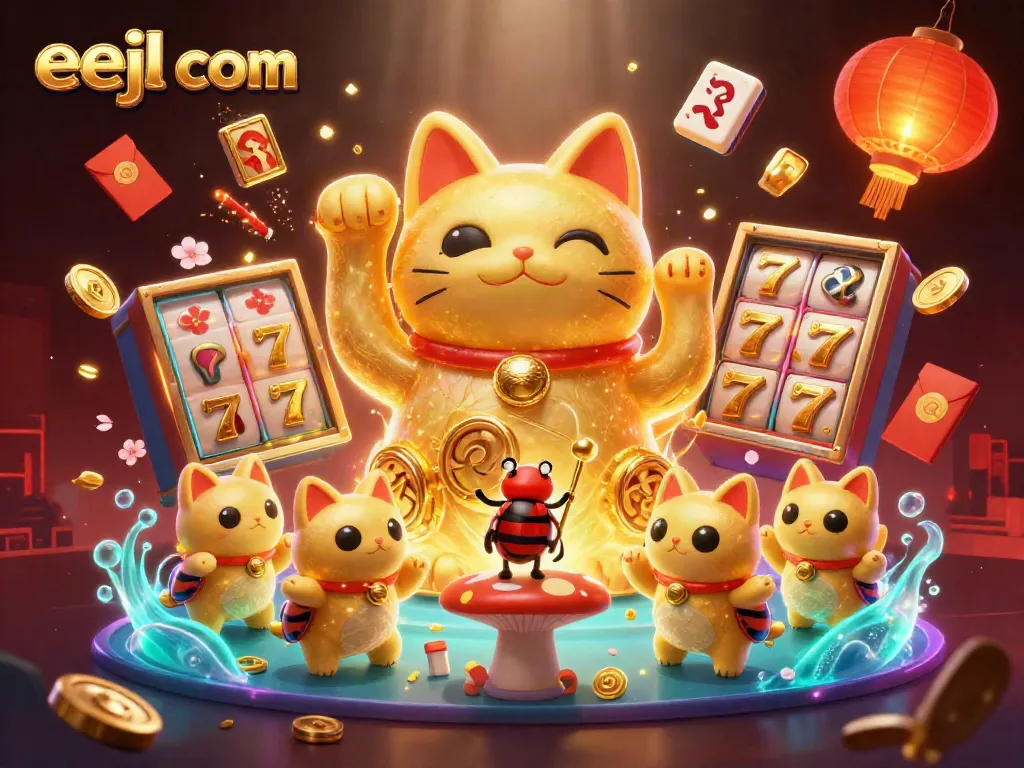 Experience eejl com with a captivating illustration of a lucky cat, vibrant casino elements, and dynamic energy.
