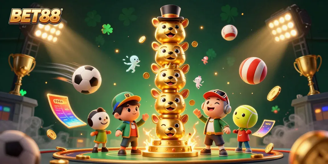 Experience the thrill of BET88 with a vibrant 3D illustration of gaming excitement and casino elements.