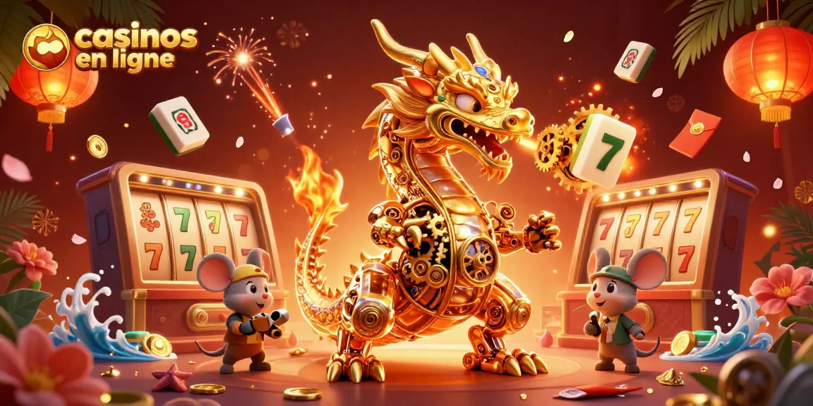 Illustration captivante de casinos en ligne avec un dragon doré mécanique et des éléments de jeu.