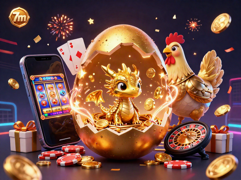 Engage with the vibrant 7m live sports betting scene featuring a golden dragon amidst poker chips and slot games.