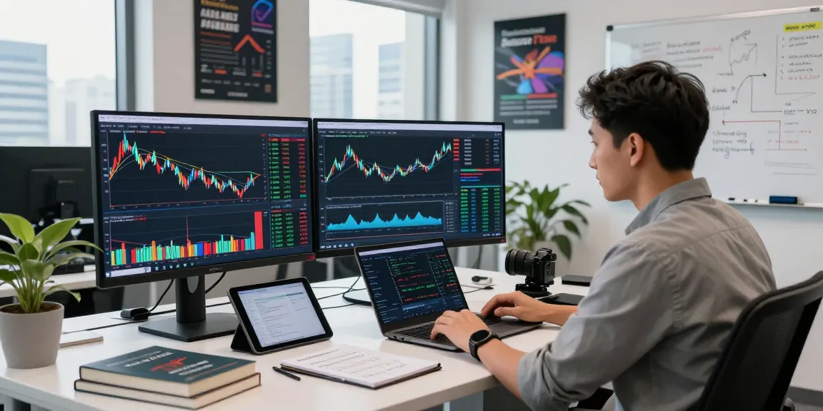 Trader using MetaTrader 4 in a modern office, analyzing forex charts and market data.