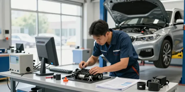 bmw werkstatt hannover technician inspecting BMW engine in professional repair shop