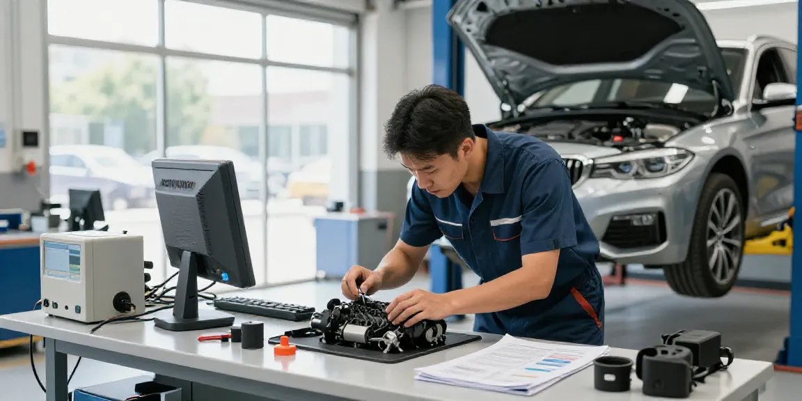 bmw werkstatt hannover technician inspecting BMW engine in professional repair shop
