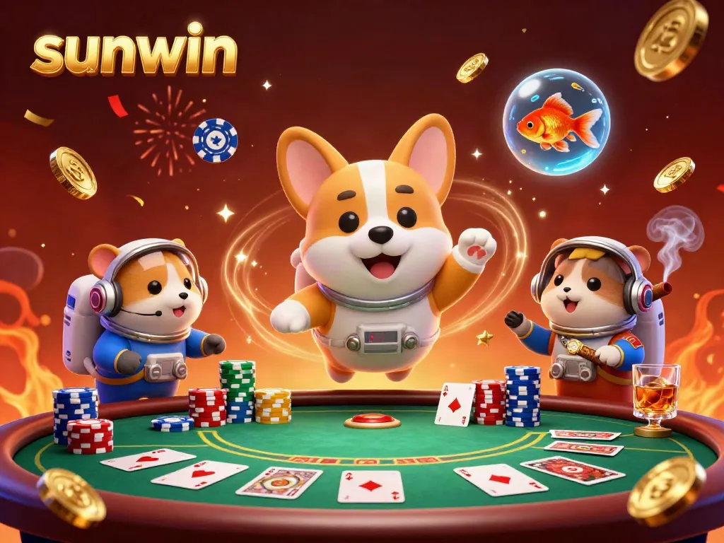 Experience thrilling play at sunwin with a vibrant scene of floating casino delights and animated characters.