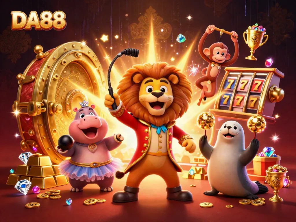 Experience immersive gaming excitement with DA88's vibrant casino scene featuring diverse characters and rich elements.