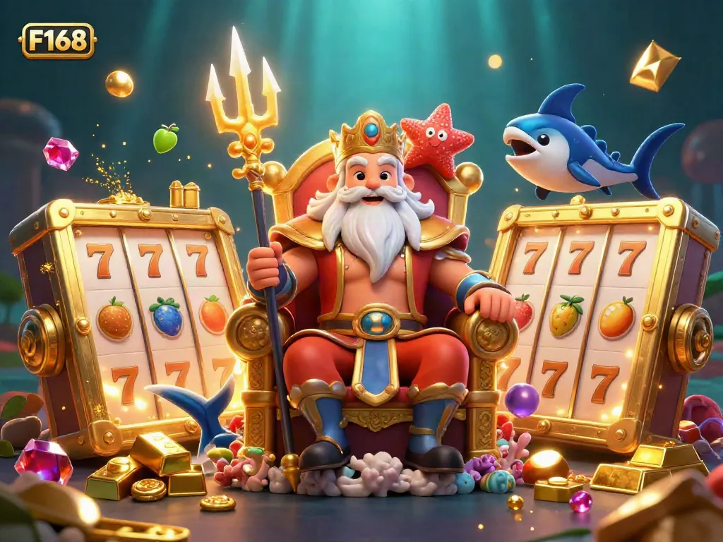Experience thrilling gameplay with F168's vibrant casino scene featuring Neptune and treasure elements.