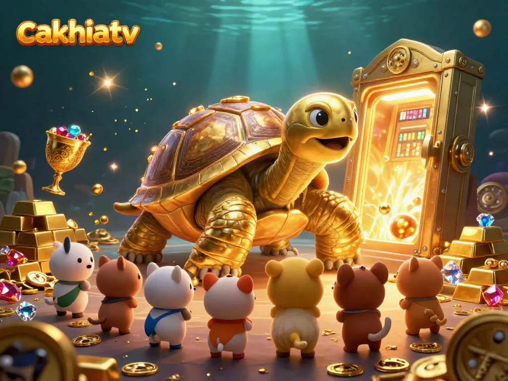 Cakhiatv showcases excitement with a vibrant casino-themed illustration featuring a colossal tortoise pinball machine, golden treasures, and lively creatures.