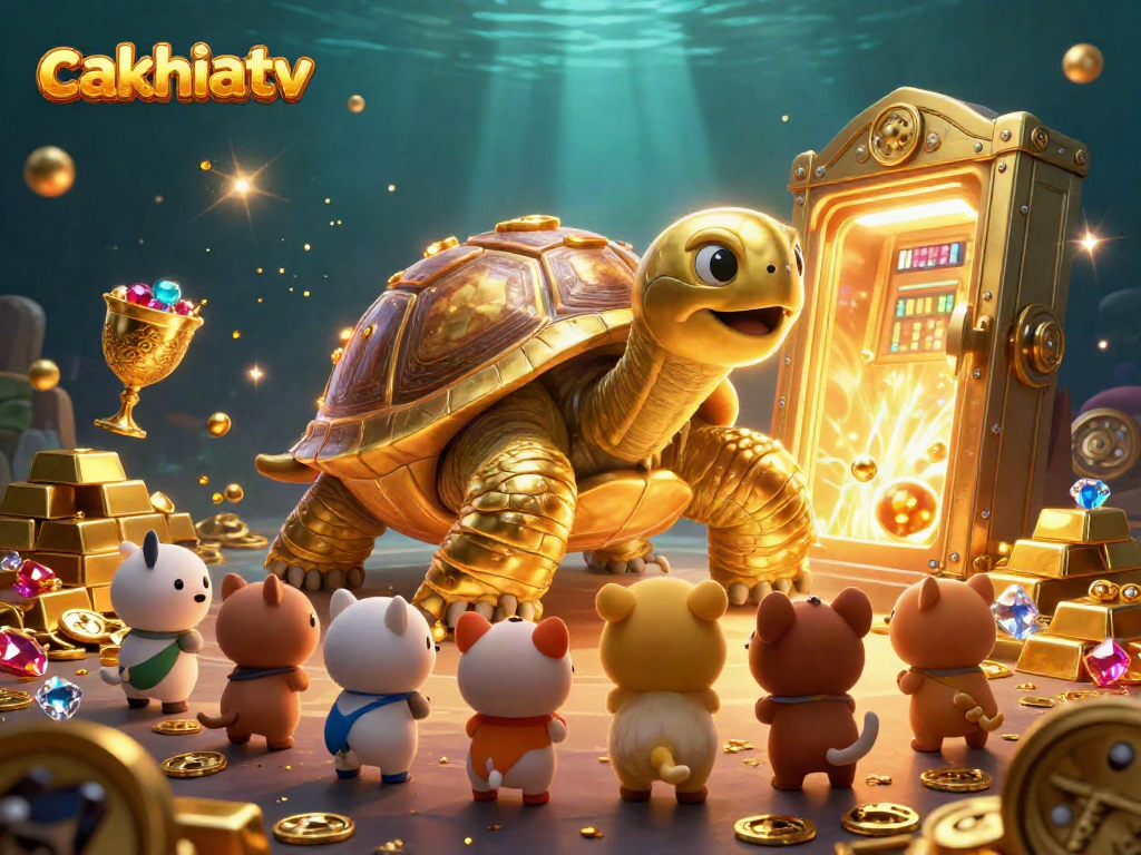 Cakhiatv showcases excitement with a vibrant casino-themed illustration featuring a colossal tortoise pinball machine, golden treasures, and lively creatures.