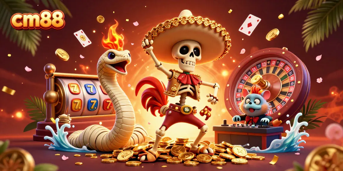 Win with cm88's vibrant casino illustration showcasing a skeleton in a victory dance surrounded by slot machines.