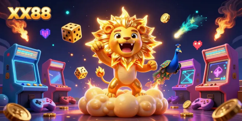 Experience the thrill of winning with XX88 as the sun lion roars amidst vibrant casino elements.