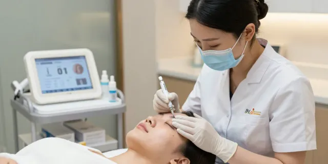Augenringe entfernen durch professionelle Hyaluronsäurebehandlung in modernem Schönheitssalon.