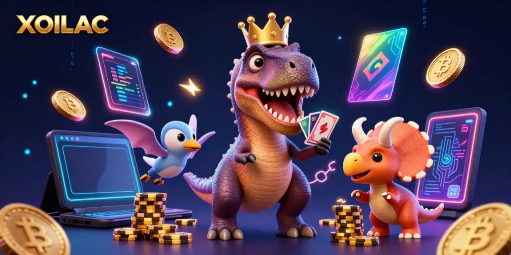 Engage with XOILAC's dynamic 3D cartoon scene featuring a T-Rex shuffling cards and dinosaurs stacking chips.