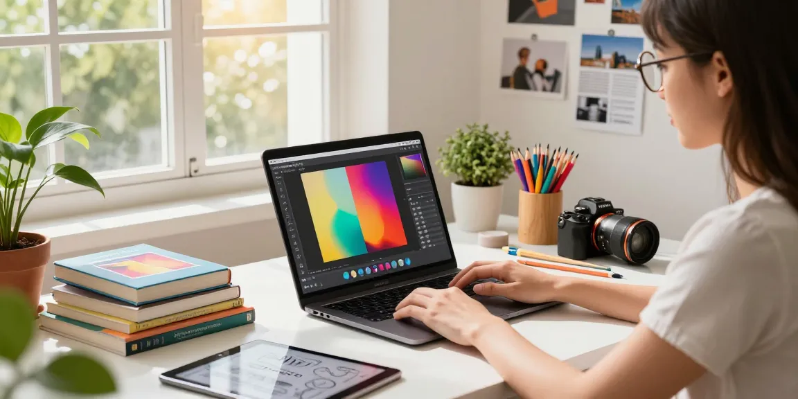 Designer using nano banana 2 AI editor in vibrant digital workspace with art supplies and mood boards.
