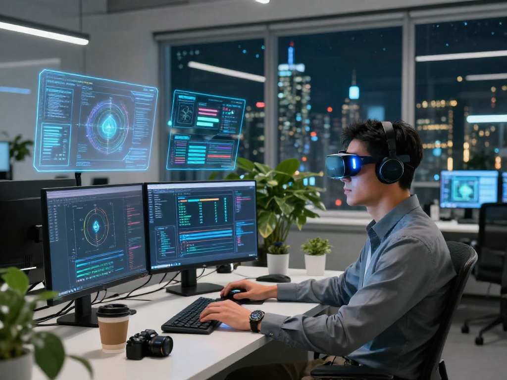 Dynamic workspace showcasing nsfw ai project development with developer, holographic displays, and tech gadgets.